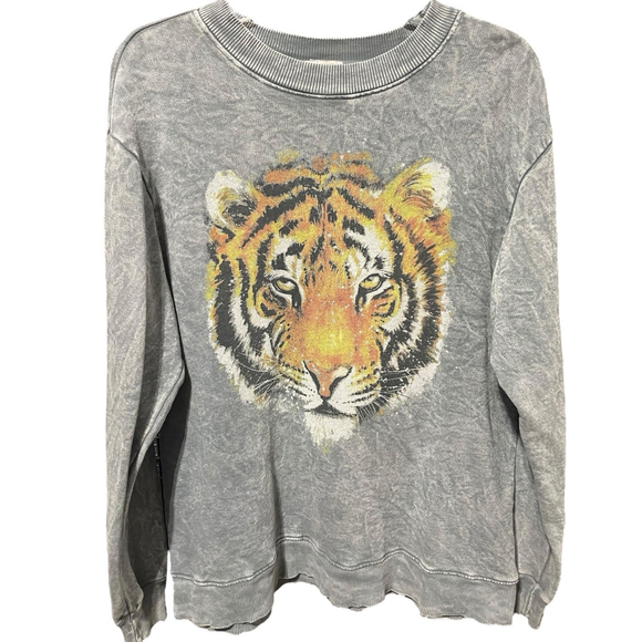 HRT & LUV Los Angeles Womens S Tiger Sweatshirt Mineral Wash Long Sleeve Gray - Picture 1 of 9